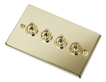 Polished Brass Toggle Switch - Quad 4 Gang 2 Way - Polished Brass 