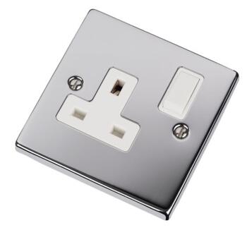 Polished Chrome Single Socket 13A 1 Gang Switched - With White Interior
