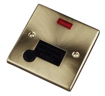 Satin Brass Unswitched Fused Spur 13A & Neon - With Black Interior