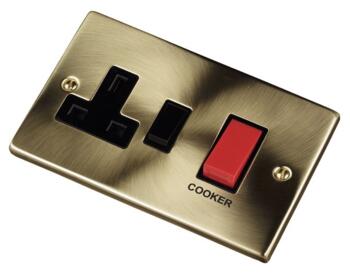 Satin Brass Cooker Switch with Socket 45A DP - With Black Interior