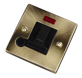 Antique Brass Switched Fused Spur 13A & Neon - With Black Interior