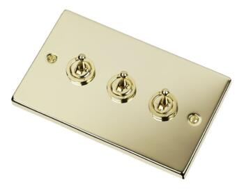 Polished Brass Toggle Switch - Triple 3 Gang 2 Way - Polished Brass