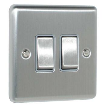 Satin Stainless Steel & Grey Light Switch - 2 Gang 2 Way Double