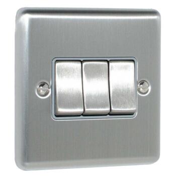 Satin Stainless Steel & Grey Light Switch - 3 Gang 2 Way Triple