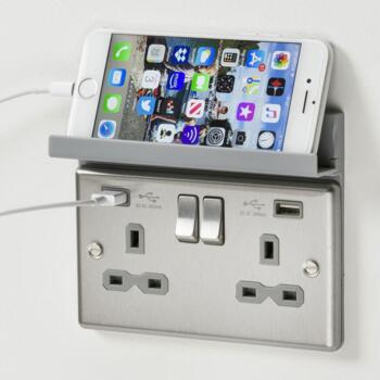 Satin Chrome & Grey Double Socket With USB Charger - Foldaway Phone Holder