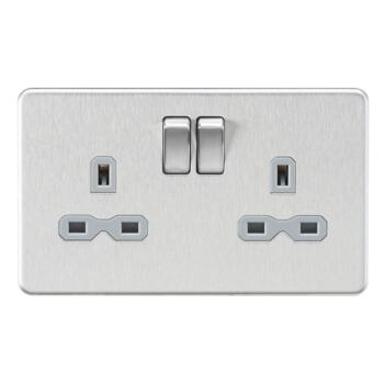Screwless Brushed Chrome Double Switched Socket - With Grey Interior