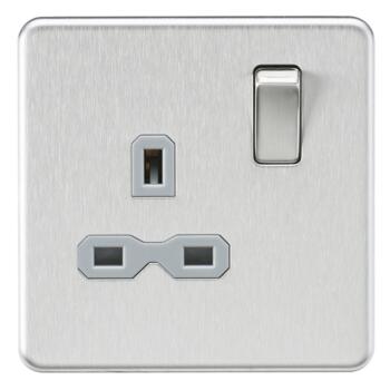 Screwless Brushed Chrome Single Switched Socket - With Grey Interior