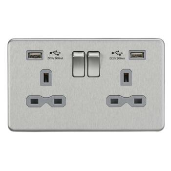 Screwless Brushed Chrome Double Switched Socket With Dual USB Charger - With Grey Interior