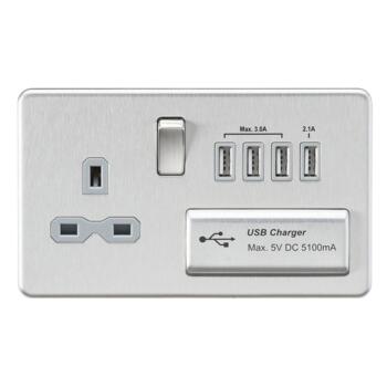 Screwless Brushed Chrome Single Switched Socket With Quad USB Charger - With Grey Interior