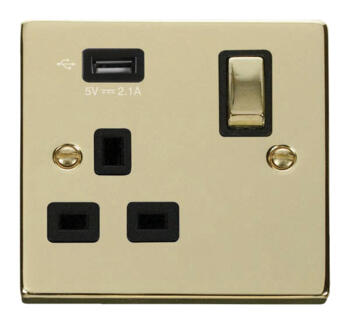 Polished Brass Single Socket -Ingot 1Gang Switched - USB With Black Interior
