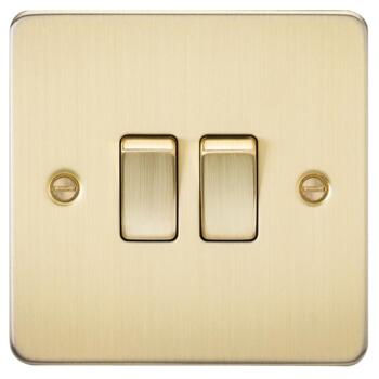 Flat Plate Brushed Satin Brass Light Switch - Double 2 Gang 2 Way