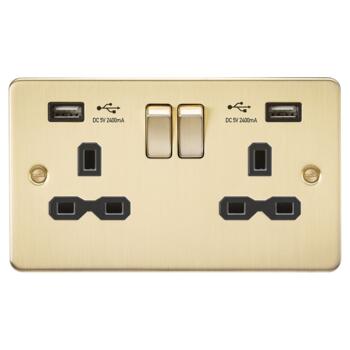 Flat Plate Brushed Satin Brass USB Double Socket - With Black Interior