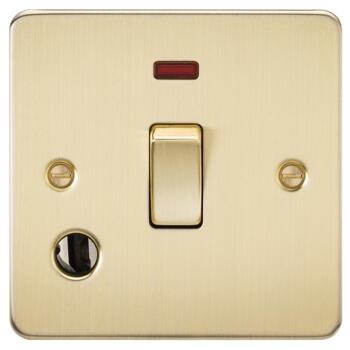 Flat Plate Brushed Satin Brass 20 Amp DP Switches - 1 Gang DP Switch With Neon & Flex Outlet