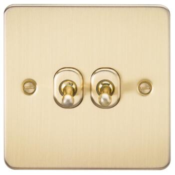 Flat Plate Brushed Satin Brass Toggle Light Switch - Double 2 Gang 2 Way