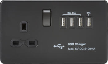 Screwless Matt Black Socket With Quad USB Charger (5.1A) - SFR7USB4MBB