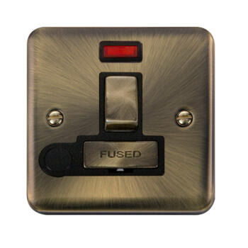 Curved Antique Brass 13a Switched Fused Spur - Switched With Flex Outlet & Neon
