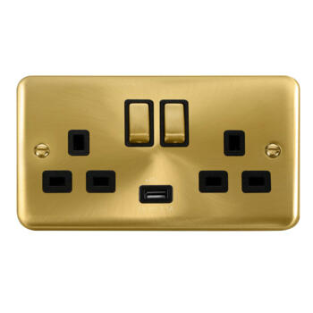 Curved Satin Brass Double Socket - Black Interior With 1 USB