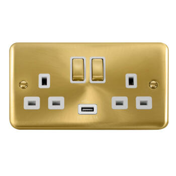 Curved Satin Brass Double Socket - White Interior With 1 USB