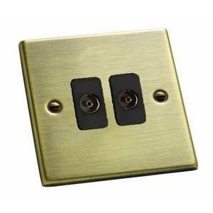 Antique Brass TV Socket - Double Twin Co-ax Out - With Black Interior