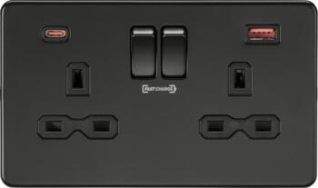 Screwless Matt Black Double Socket with Dual Fastcharge Ports (A+C) - SFR9909MBB 