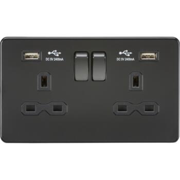 Screwless Matt Black Socket With USB Charger - 2 Gang with 2 x Type A USB