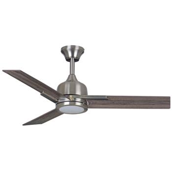 Brushed steel modern ceiling fan with 3 blades finished inb vintage oak, shown with single LED light
