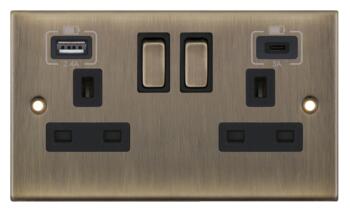 Slimline Antique Brass USB Socket  - Double with Fast Charge Type C USB