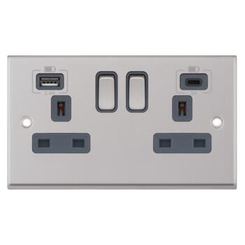 Satin Chrome & Grey Double Socket With USB Charger - Double with Fast Charge Type C USB