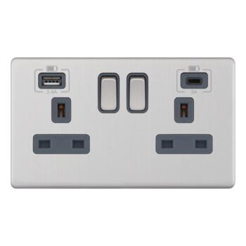Screwless Satin Chrome USB Socket - Double with Fast Charge Type C USB