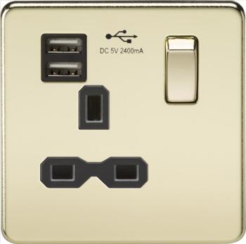 Screwless Polished Brass Single Switched Socket With USB Charger - With Black Interior