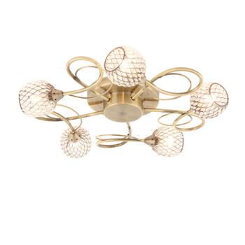 Antique brass light that is semi flush so it sits close to the ceiling, with 5 glass shades and a mo