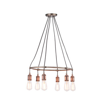 Industrial 6 Light Pendant Ceiling Light Aged Pewter And Copper - 6 Light Fitting