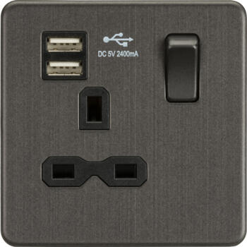 Screwless Smoked Bronze Single Socket With USB Charger Ports - 1 Gang With 2 x Type A USB