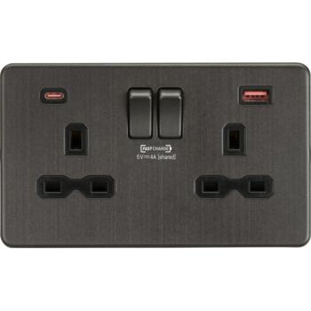 Screwless Smoked Bronze Socket With Fastcharge Type A & Type C USB - 2 Gang With Type A + Type C USB