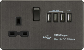 Screwless Smoked Bronze Switched socket with Quad USB (5.1A) - SFR7USB4SB