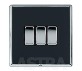 Piano Black Light Switch -Triple 3 Gang 2 Way 10AX - With Chrome Frame