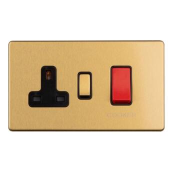 Screwless Satin Brass Cooker Control With 13A Socket - Double Size With Neon 