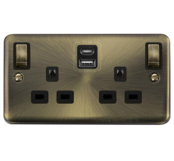 Curved Antique Brass USB Socket - Double Type A & Type C USB
