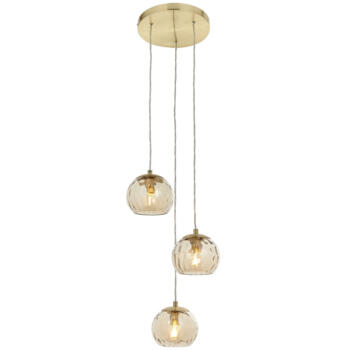 Satin Brass 3 Light Adjustable Height Ceiling Pendant Fitting With Dimpled Glass Shades - 3 Light Fitting