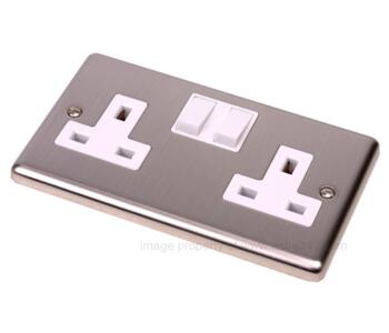 Brushed Satin Chrome Double Socket 2 Gang Switched - With White Insert