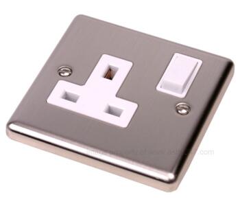 Brushed Satin Chrome Single Socket 1 Gang Switched - With White Insert