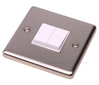Brushed Satin Chrome Light Switch Double 2G Twin  - With White Insert