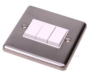 Brushed Satin Chrome Light Switch Triple 3G 2 Way - With White Insert