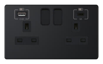 5mm Screwless Matt Black USB Charger Socket - 2 Gang 1 x Type A & 1 x Type C USB