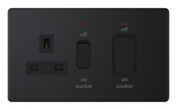 5mm Screwless Matt Black 45A DP Cooker Switch & 13A Socket - With Neon