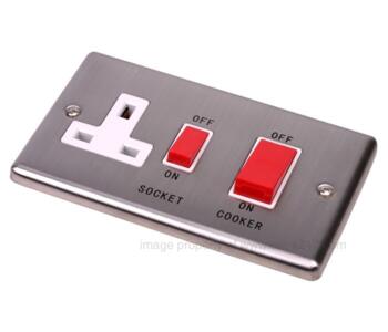 Brushed Satin Chrome Cooker Switch with Socket 45A - With White Insert