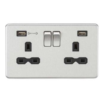 Screwless Brushed Chrome Double Switched Socket With Type A & Type C USB Charger - Black Insert With 4a Fast Charge USB
