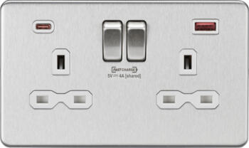 Screwless Brushed Chrome Double Switched Socket With Type A & Type C USB Charger - With White Interior