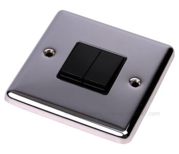 Polished Chrome Light Switch Double 2 Gang Twin - With Black Insert