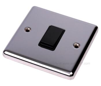 Polished Chrome Light Switch Single 1 Gang 2 Way  - With Black Insert